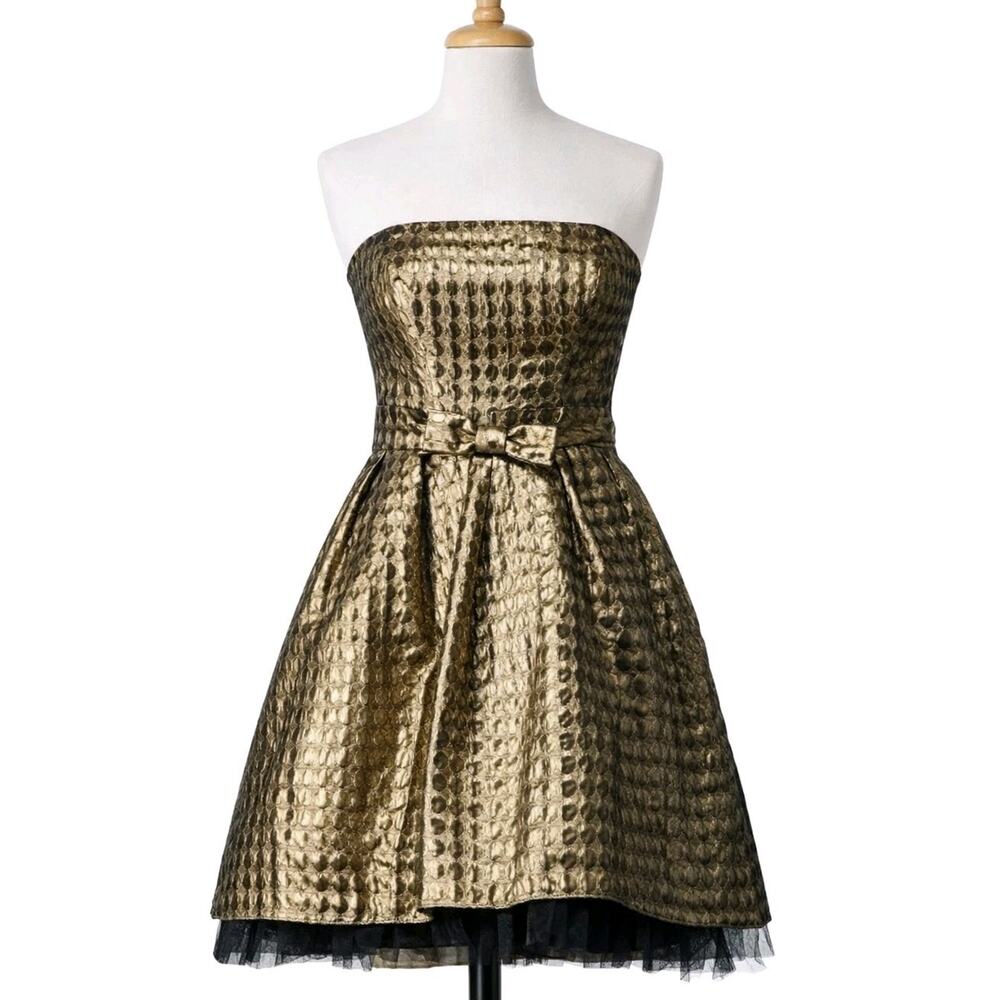 Vtg Betsey Johnson Gold Strapless Party Dress Sz 8 Metallic Jacquard Glee Y2k